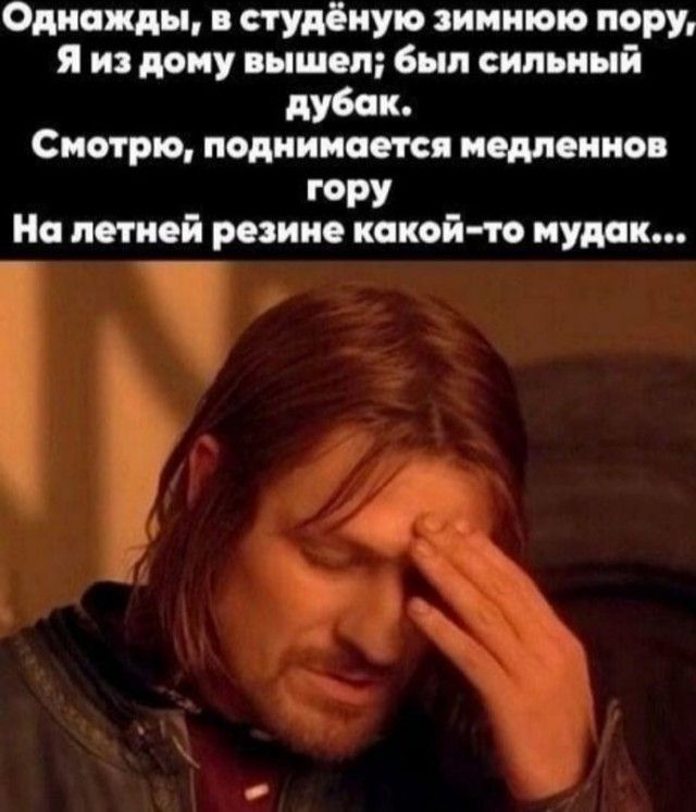 Однажды, в студёную зимнюю пору, Я из дома вышел; был сильный дубак. Смотрю, поднимается медленно гора На летней резине какой-то мудак...