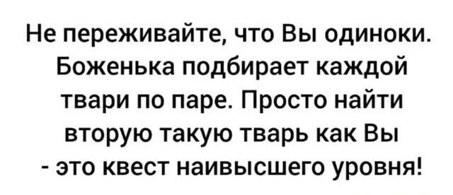 Не переживайте, что Вы одиноки. Боженька подбираает каждой твари по паре. Просто найти вторую такую тварь как Вы - это квест наивысшего уровня!