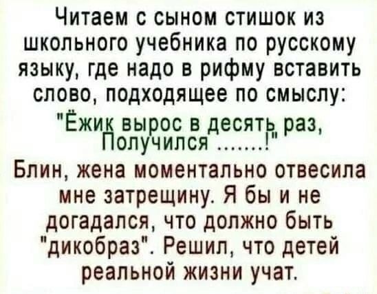 Читаем с сыном стишок из школьного учебника по русскому языку, где надо в рифму вставить слово, подходящее по смыслу: 
