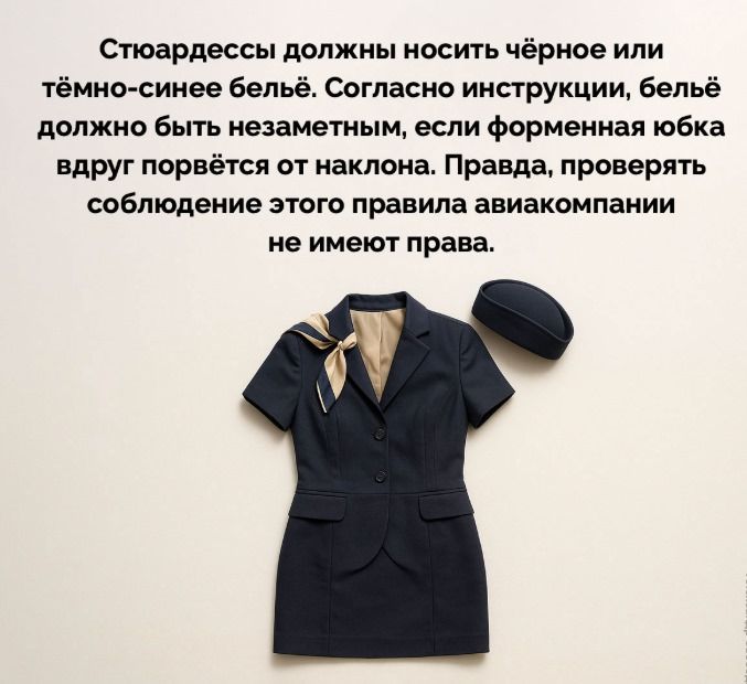 Стюардессы должны носить чёрное или тёмно-синее бельё. Согласно инструкции, бельё должно быть незаметным, если форменная юбка вдруг порвётся от наклона. Правда, проверять соблюдение этого правила авиакомпании не имеют права.