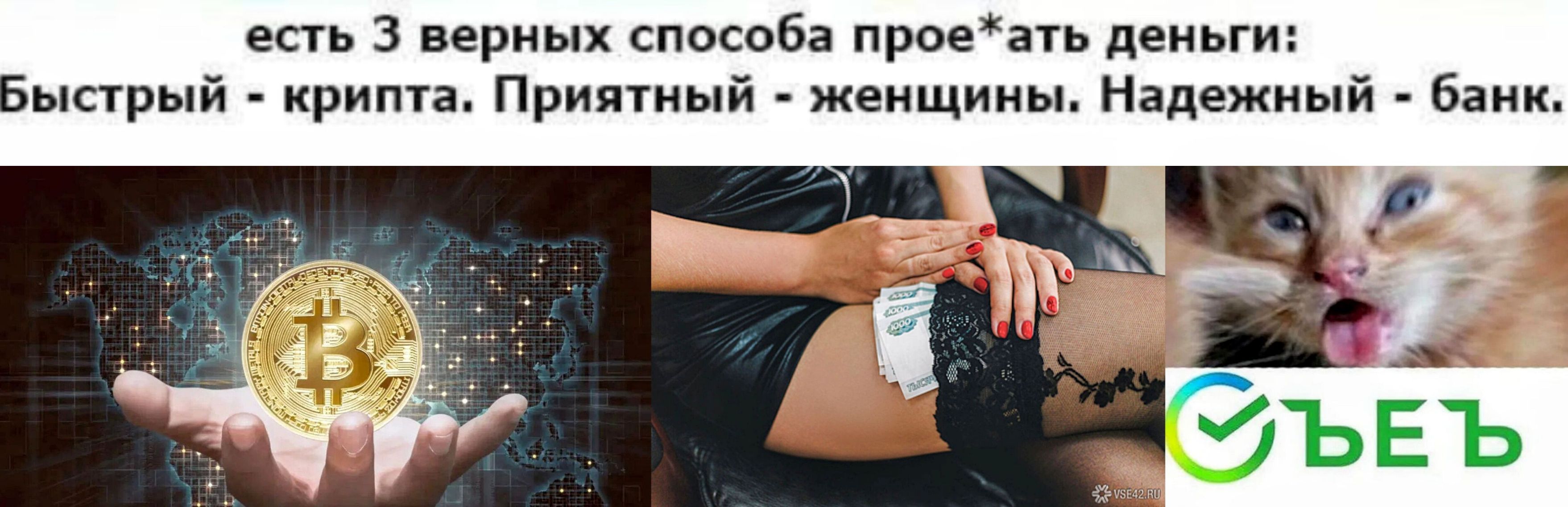 есть 3 верных способа проeать деньги: Быстрый - крипта. Приятный - женщины. Надёжный - банк.