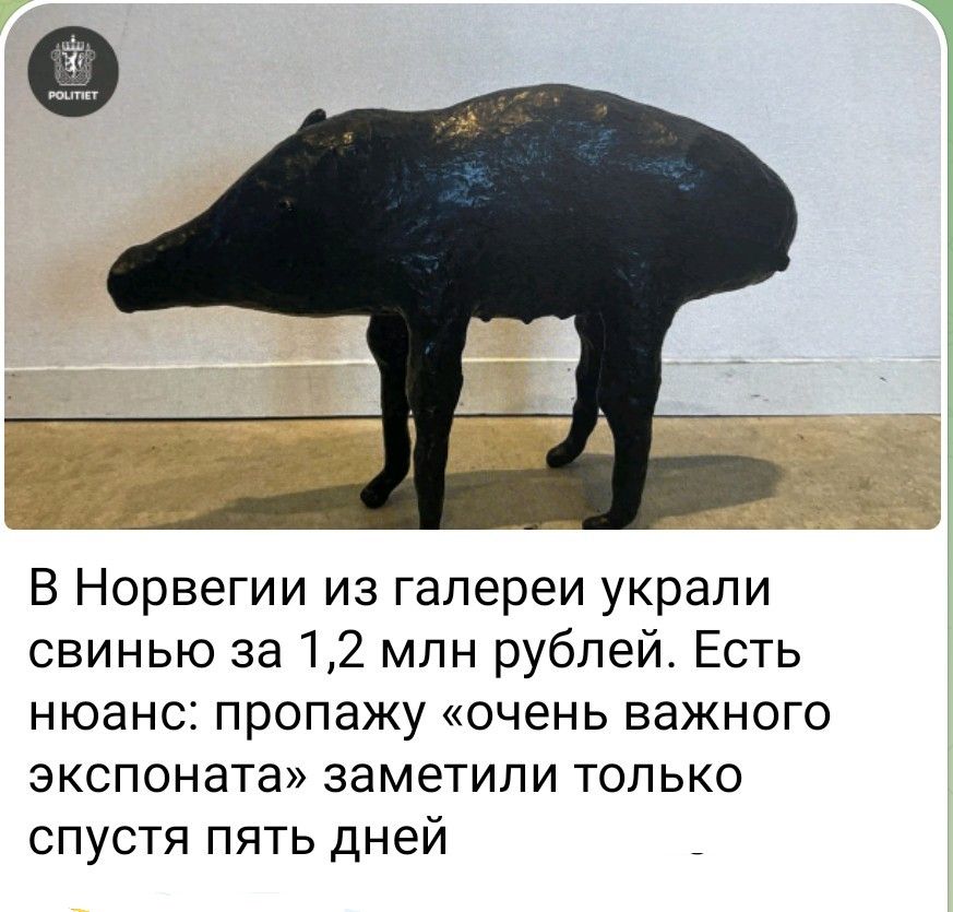 В Норвегии из галереи украли свинью за 1,2 млн рублей. Есть нюанс: пропажу «очень важного экспоната» заметили только спустя пять дней