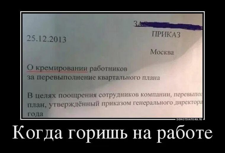 25.12.2013   ПРИКАЗ   Москва

О премировании работников за перевыполнение квартального плана

В целях поощрения сотрудников компании, перевыполнение плана, утверждённый приказом генерального директора года