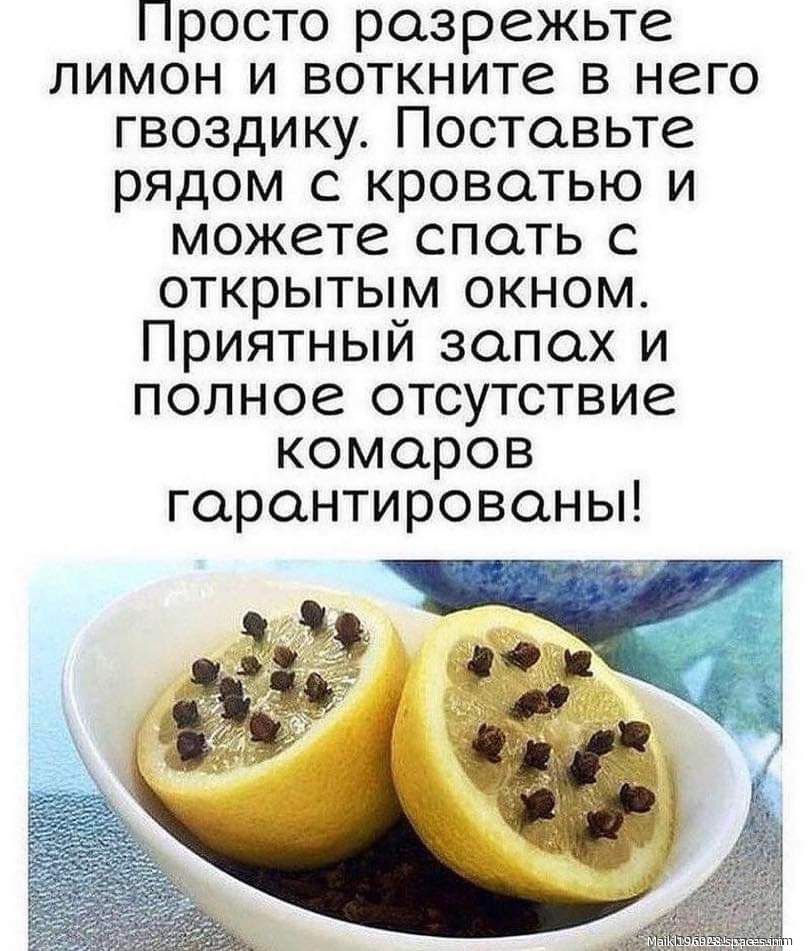 Просто разрежьте лимон и воткните в него гвоздику. Поставьте рядом с кроватью и можете спать с открытым окном. Приятный запах и полное отсутствие комаров гарантированы!