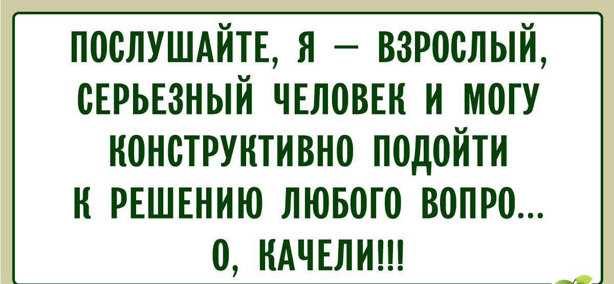 ПОСЛУШАЙТЕ, Я — ВЗРОСЛЫЙ, СЕРЬЕЗНЫЙ ЧЕЛОВЕК И МОГУ КОНСТРУКТИВНО ПОДЙТИ К РЕШЕНИЮ ЛЮБОГО ВОПРО...о, КАЧЕЛИ!!!