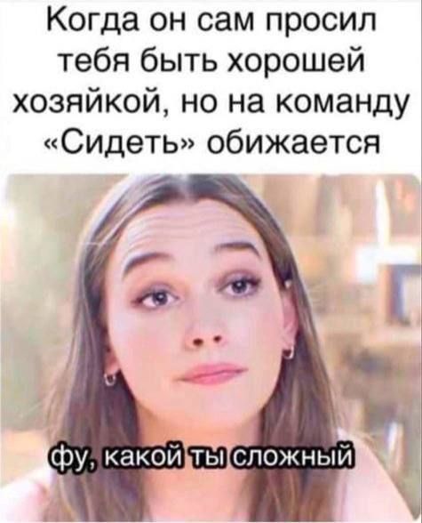 Когда он сам просил тебя быть хорошей хозяйкой, но на команду «Сидеть» обижается
фу, какой ты сложный