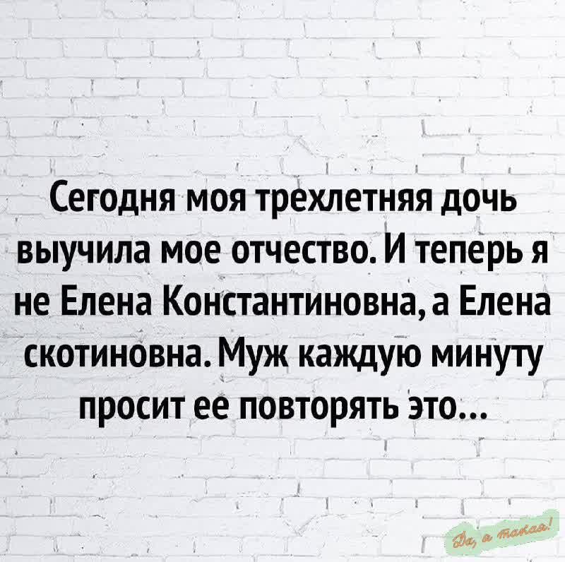 Сегодня моя трехлетняя дочь выучила мое отчество. И теперь я не Елена Константиновна, а Елена скотиновна. Муж каждую минуту просит ее повторять это…