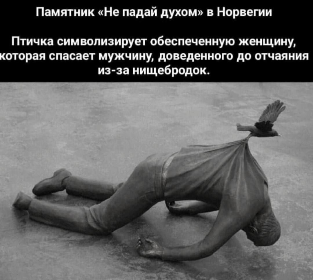 Памятник «Не падай духом» в Норвегии Птичка символизирует обеспеченную женщину, которая спасает мужчину, доведенного до отчаяния из-за нищебродок.