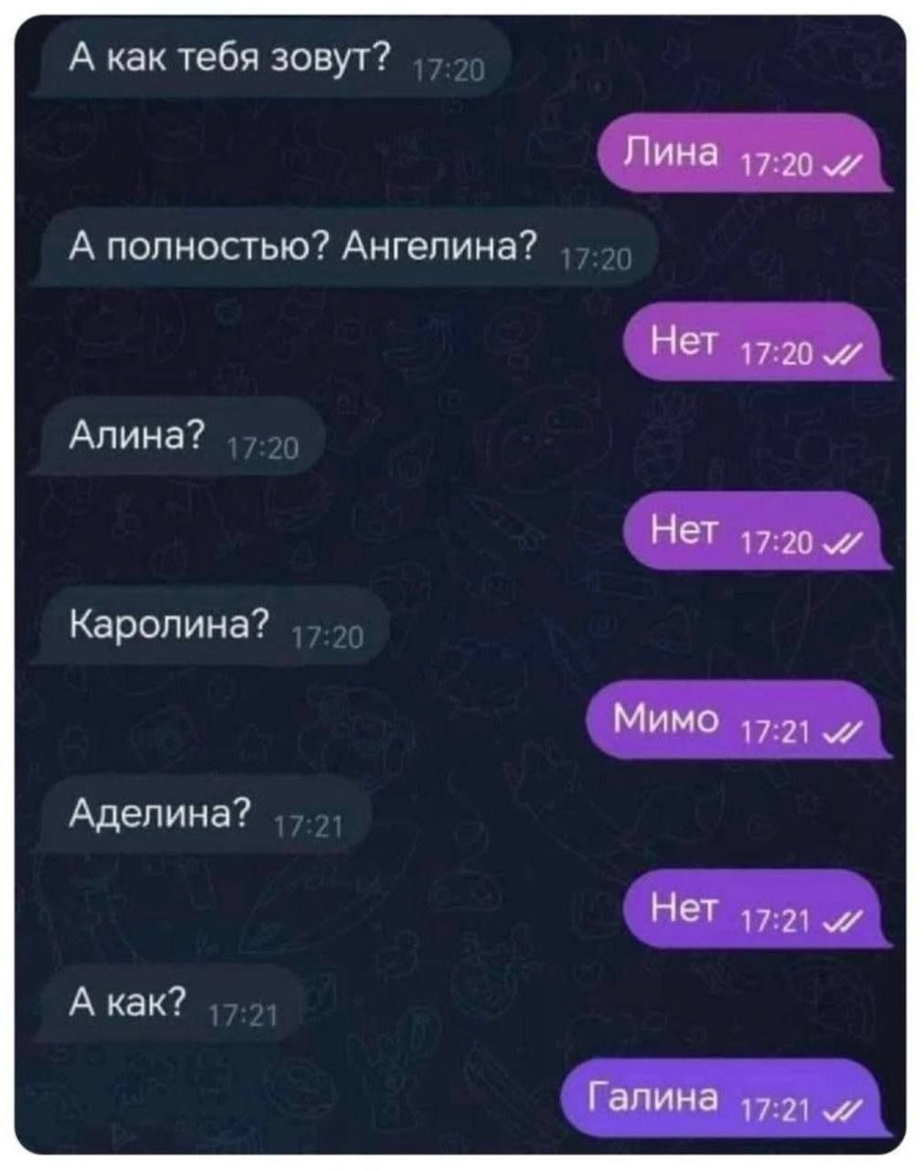 А как тебя зовут?
Лина
А полностью? Ангелина?
Нет
Алина?
Нет
Каролина?
Мимо
Аделина?
Нет
А как?
Галина