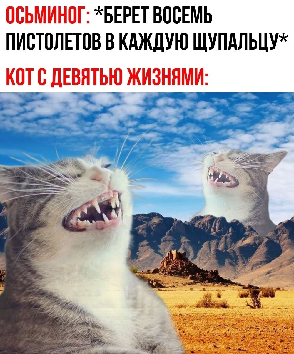 ОСЬМИНУГ: *БЕРЕТ ВОСЕМЬ ПИСТОЛЕТОВ В КАЖДУЮ ЩУПАЛЬЦУ*
КОТ С ДЕВЯТЬЮ ЖИЗНЯМИ: