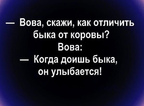 — Вова, скажи, как отличить быка от коровы?\nВова: \n— Когда дойдёшь быка, он улыбается!