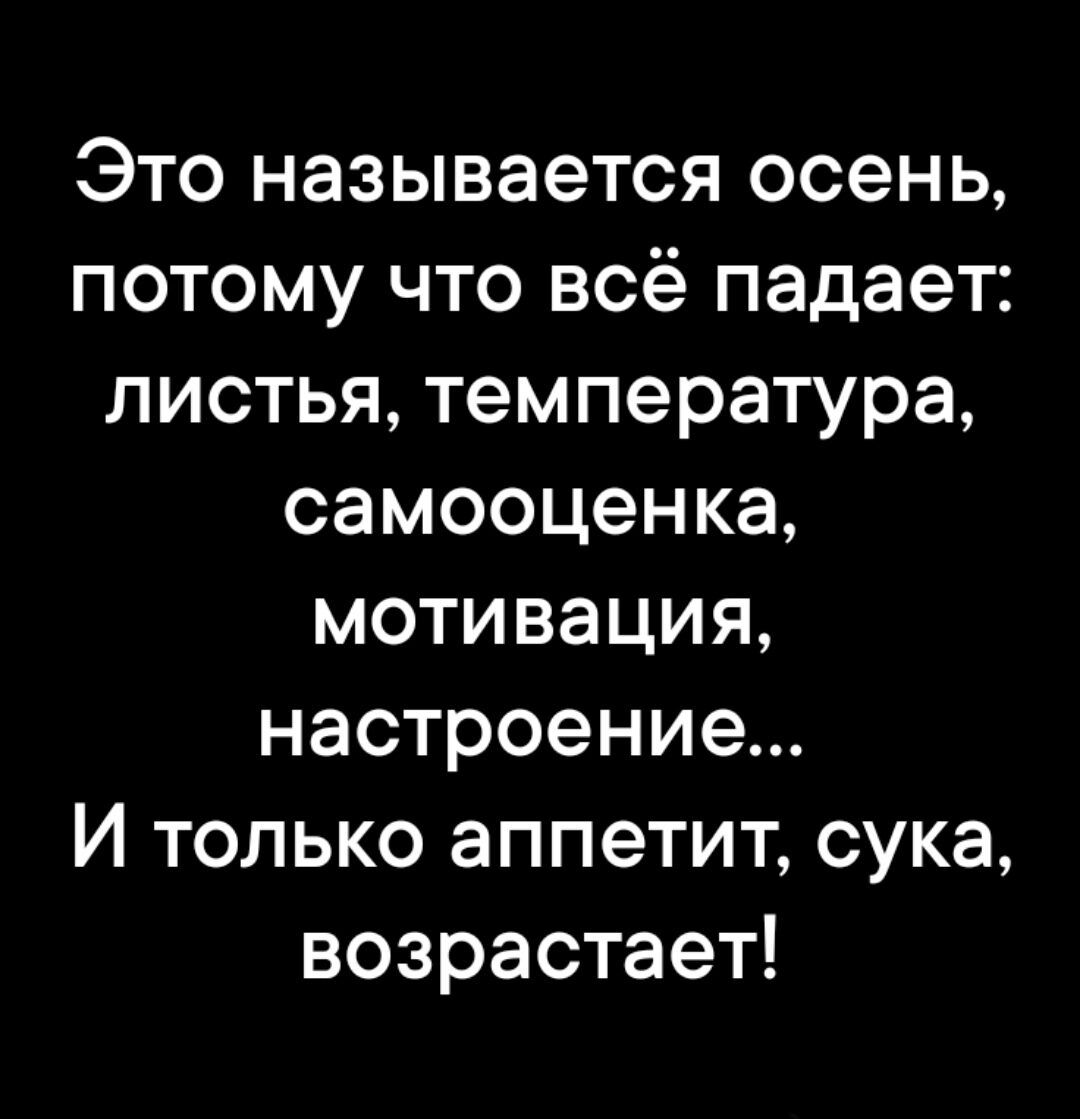 Это называется осень, потому что всё падает: листья, температура, самооценка, мотивация, настроение... И только аппетит, сука, возрастает!