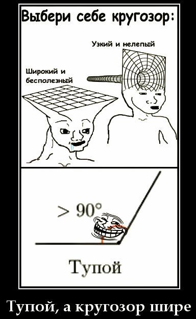 Выбери себе кругозор:\nУзкий и нелепый\nШирокий и бесполезный\n> 90°\nТупой\nТупой, а кругозор шире