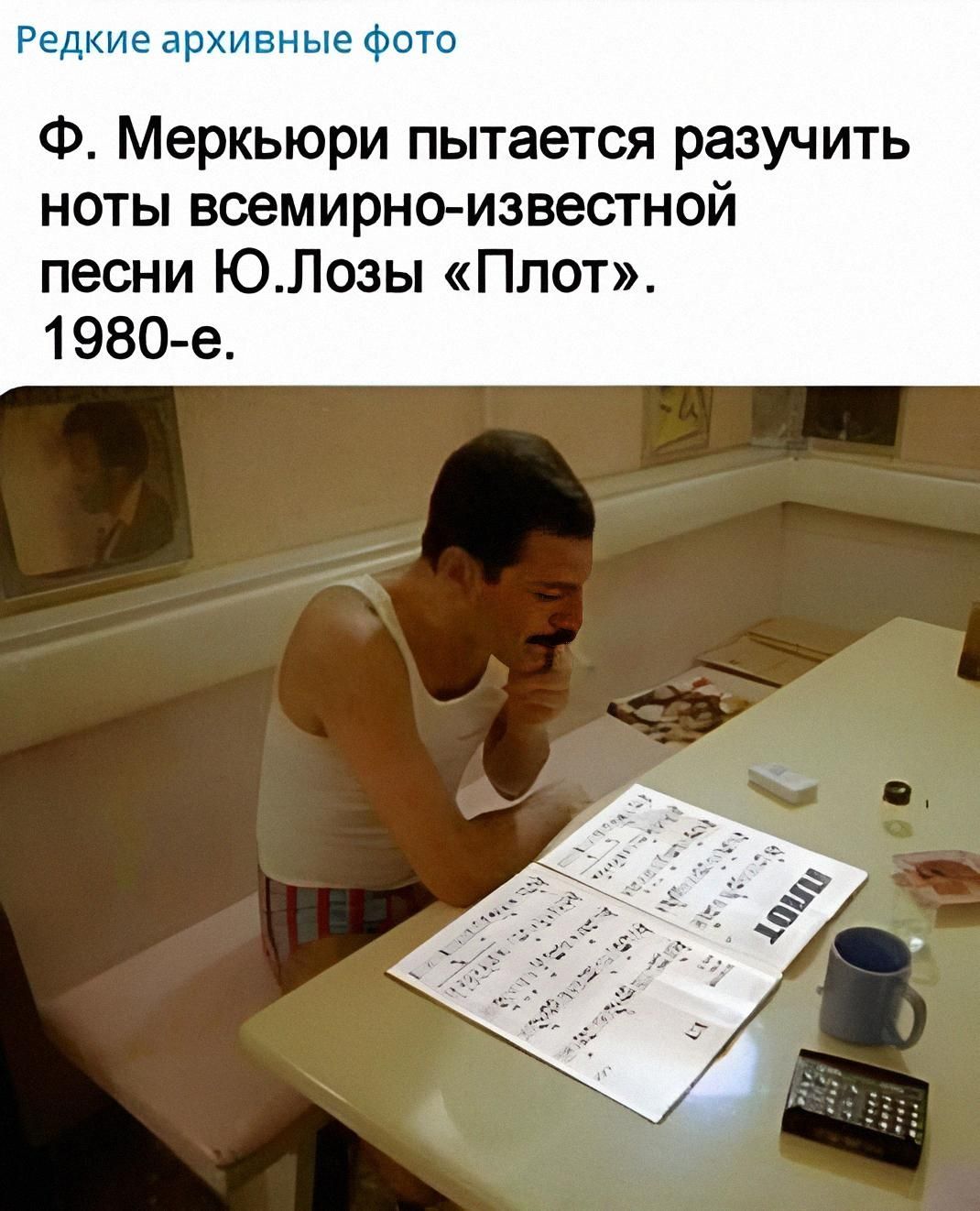 Редкие архивные фото
Ф. Меркьюри пытается разучить ноты всемирно-известной песни Ю. Лозы «Плот». 1980-е.