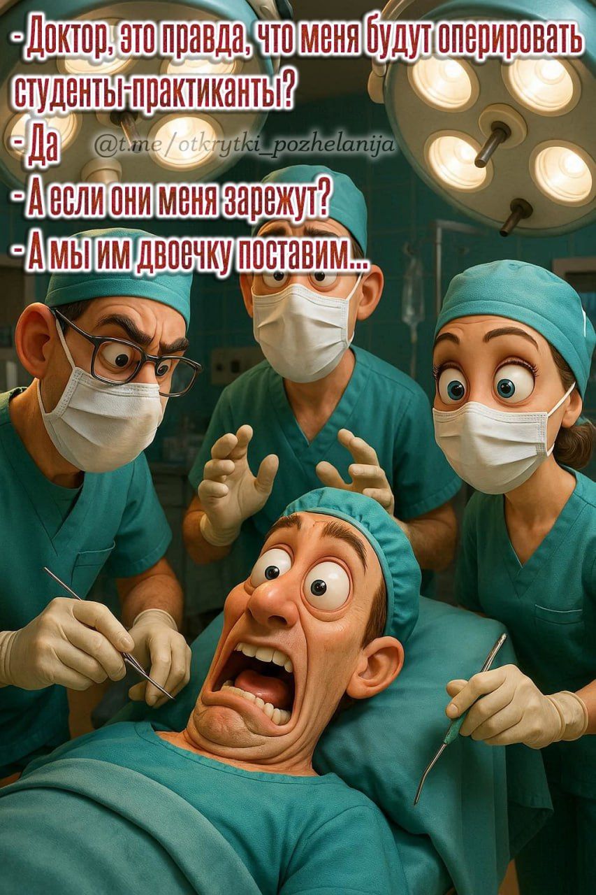 - Доктор, это правда, что меня будут оперировать студенты-практиканты?\n- Да\n- А если они меня зарежут?\n- А мы им двоечку поставим...