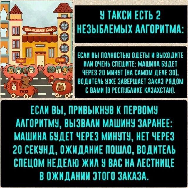 У TAXI есть 2 неизбежных алгоритма:
Если вы полностью одеты и выходите или очень спешите: машина будет через 20 минут (на самом деле 30), водитель уже завершает заказ рядом с вами (в Республике Казахстан).

Если вы, привыкнув к первому алгоритму, вызвали машину заранее: машина будет через минуту, нет через 20 секунд, ожидание пошло, водитель спецом