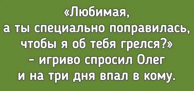 «Любимая, а ты специально поправилась, чтобы я об тебя грелся?» - игриво спросил Олег и на три дня впал в кому.