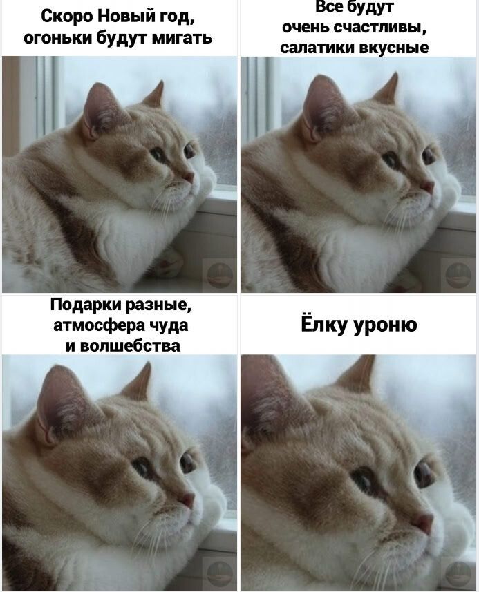 Скоро Новый год, огоньки будут мигать
Все будут очень счастливы, салатики вкусные
Подарки разные, атмосфера чуда и волшебства
Ёлку урону