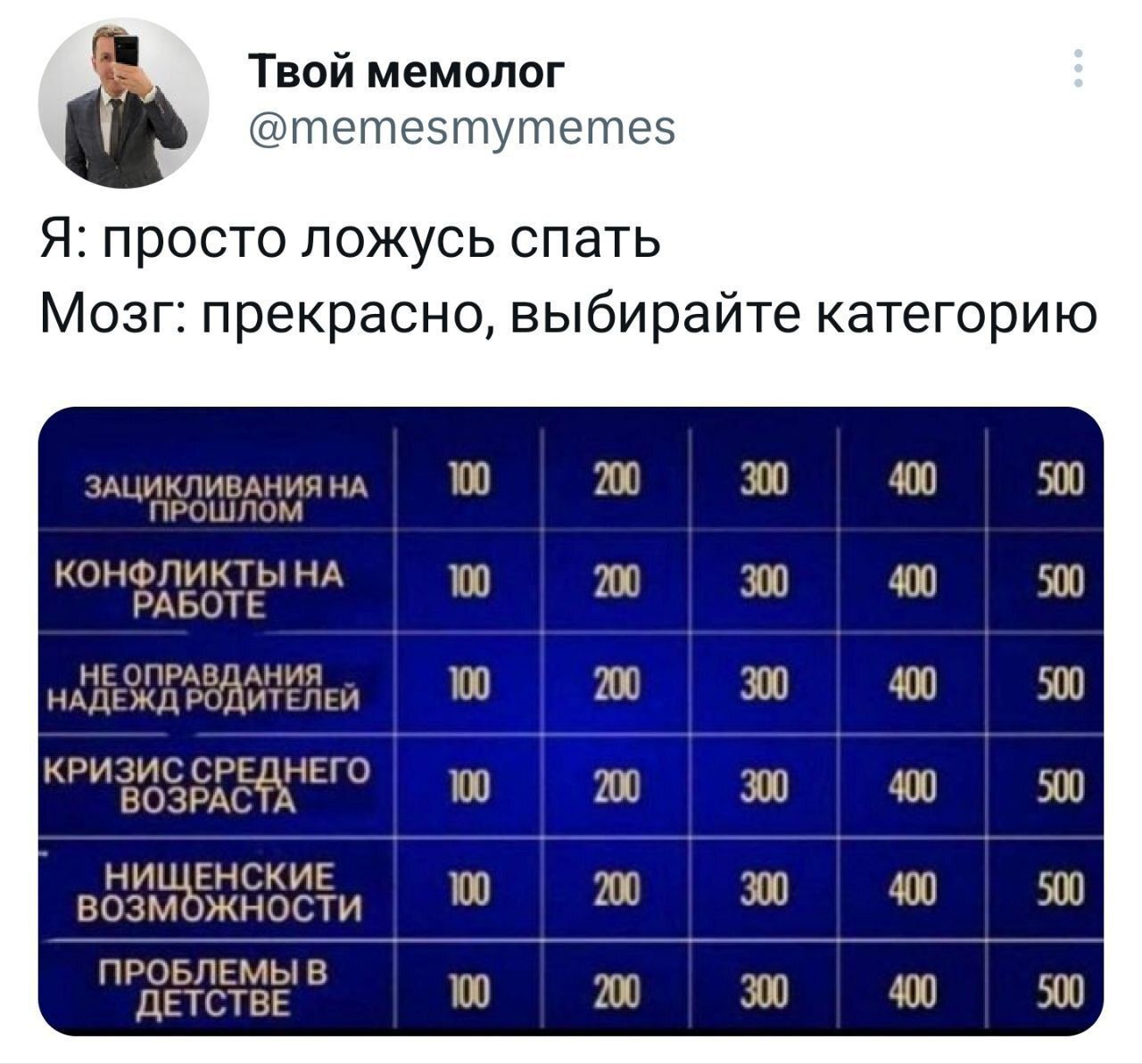 Я: просто ложусь спать
Мозг: прекрасно, выбирайте категорию
ЗАЦИКЛИВАНИЯ НА ПРОШЛОМ	100	200	300	400	500
КОНФЛИКТЫ НА РАБОТЕ	100	200	300	400	500
НЕ ОПРАВДАНИЯ НЕДЕЙ РОДИТЕЛЕЙ	100	200	300	400	500
КРИЗИС СРЕДНЕГО ВОЗРАСТА	100	200	300	400	500
НИЩЕНСКИЕ ВОЗМОЖНОСТИ	100	200	300	400	500
ПРОБЛЕМЫ В ДЕТСТВЕ	100	200	300	400	500