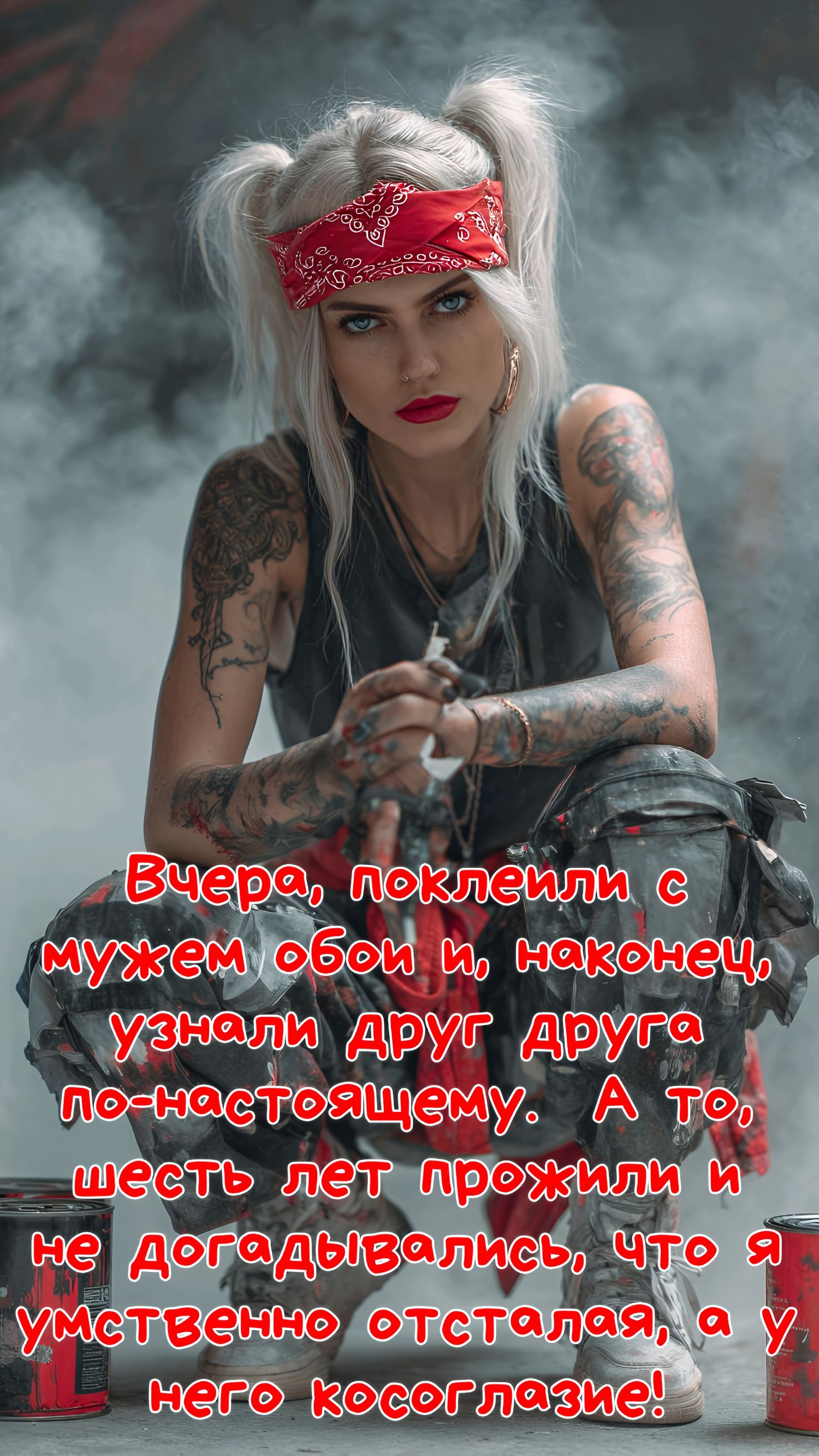 Вчера, поклeили с мужем обои и, наконец, узнали друг друга по-настоящему. А то, шесть лет прожили и не догадались, что я умственно отсталая, а у него косоглазие!