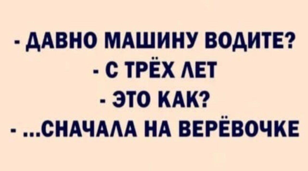 - ДАВНО МАШИНУ ВОДИТЕ?
- С ТРЁХ ЛЕТ
- ЭТО КАК?
- ...СНАЧАЛА НА ВЕРЁВОЧКЕ