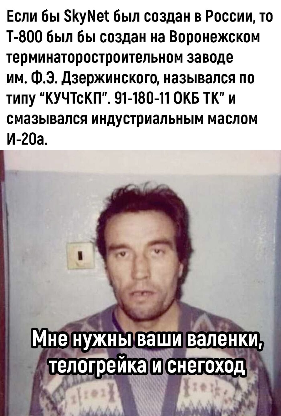 Если бы SkyNet был создан в России, то Т-800 был бы создан на Воронежском термотроистроительном заводе им. Ф.Э. Дзержинского, назывался по типу “КУЧтСП”. 91-180-11 ОКБ ТК' и смазывался индустриальным маслом И-20a.
Мне нужны ваши валенки, телогрейка и снегоход