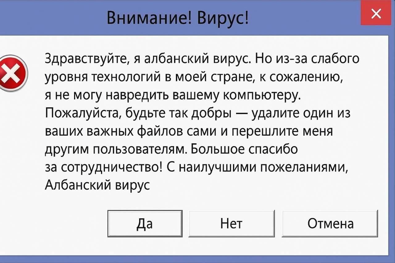 Внимание! Вирус!

Здравствуйте, я албанский вирус. Но из-за слабого уровня технологий в моей стране, к сожалению, я не могу навредить вашему компьютеру.
Пожалуйста, будьте так добры — удалите один из ваших важных файлов сами и передайте меня другим пользователям. Большое спасибо за сотрудничество!
С наилучшими пожеланиями,
Албанский вирус