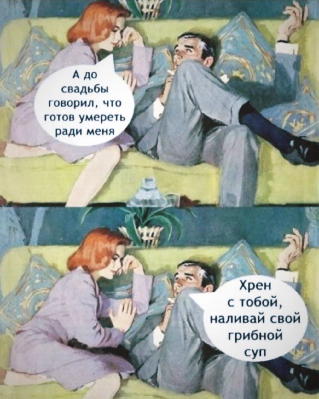 А до свадьбы говорил, что готов умереть ради меня
Хрен с тобой, наливй свой грибной суп