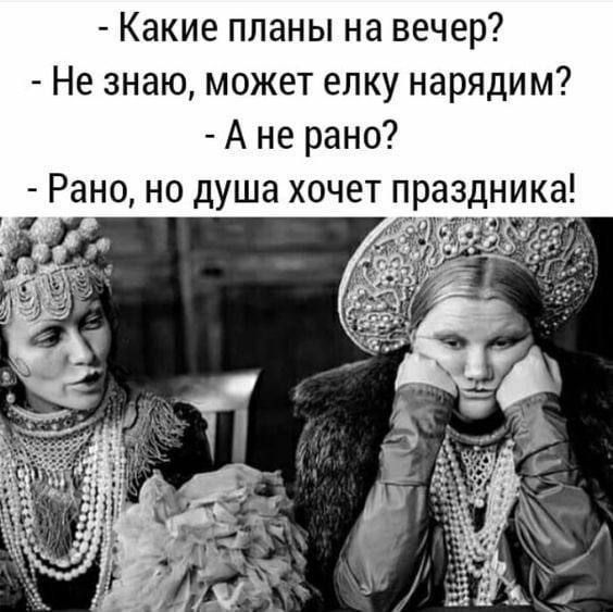 - Какие планы на вечер?
- Не знаю, может елку нарядим?
- А не рано?
- Рано, но душа хочет праздника!