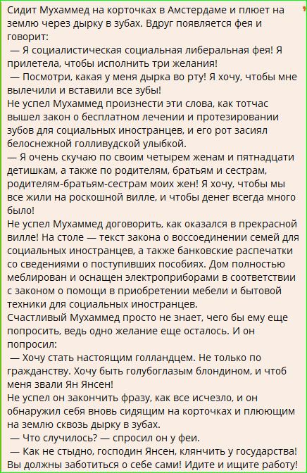 Сидит Мухаммед на корточках в Амстердаме и плюет на землю через дыру в зубах. Вдруг появляется фея и говорит:
— Я социалистическая социальная либеральная фея! Я прилетела, чтобы исполнить три желания!
— Посмотри, какая у меня дырка во рту! Я хочу, чтобы мне вылечили и вставили все зубы!
Не успел Мухаммед произнести эти слова, как тотчас вышел закон