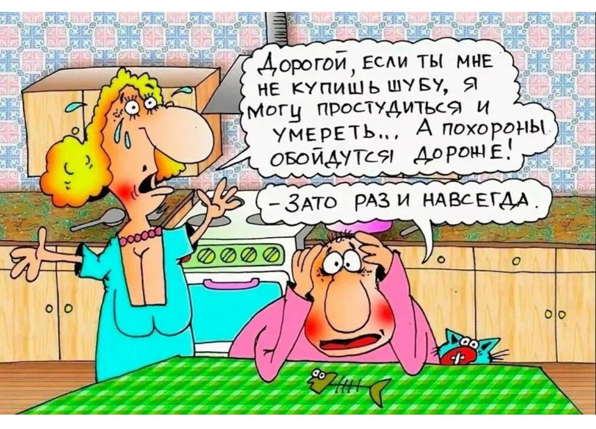 Дорогой, если ты мне не купишь шубу, я могу простудиться и умереть!… А похороны обойдутся дороже! - Зато раз и навсегда.