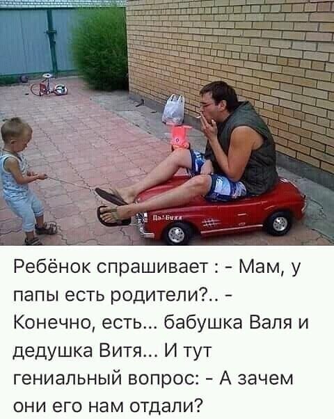 Ребёнок спрашивает :- Мам, у папы есть родители?. - Конечно, есть... бабушка Вася и дедушка Витя... И тут гениальный вопрос: - А зачем они его нам отдали?
