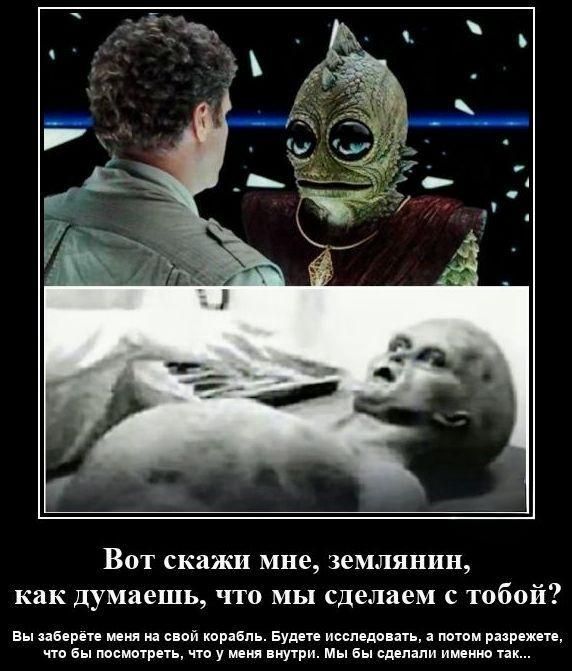 Вот скажи мне, землянин, как думаешь, что мы сделаем с тобой?
Вы заберёте меня на свой корабль. Будете исследовать, а потом разрежете, что бы посмотреть, что у меня внутри. Мы бы сделали именно так...