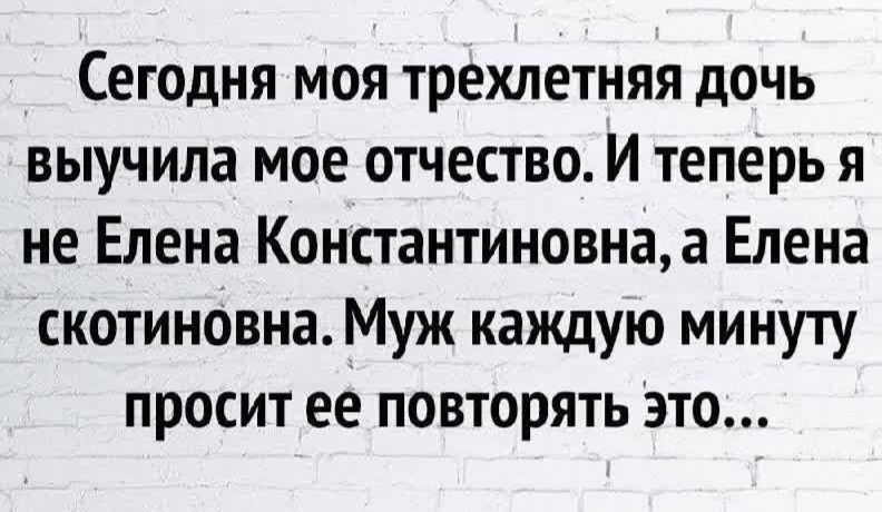 Сегодня моя трехлетняя дочь выучила мое отчество. И теперь я не Елена Константиновна, а Елена скотиновна. Муж каждую минуту просит ее повторять это...
