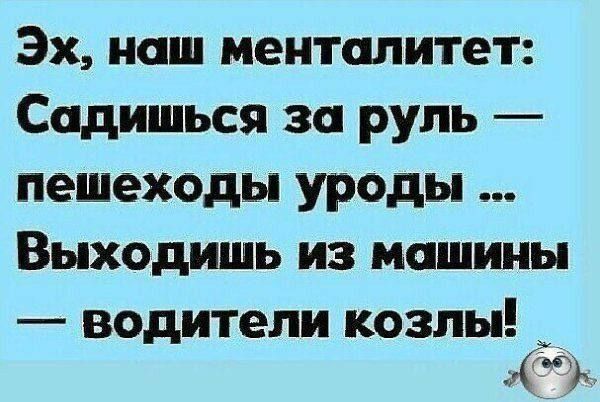 Эх, наш менталитет: Садишься за руль — пешеходы уроды... Выходишь из машины — водители козлы!
