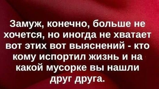 Замуж, конечно, больше не хочется, но иногда не хватает вот этих вот выяснений - кто кому испортил жизнь и на какой мусорке вы нашли друг друга.
