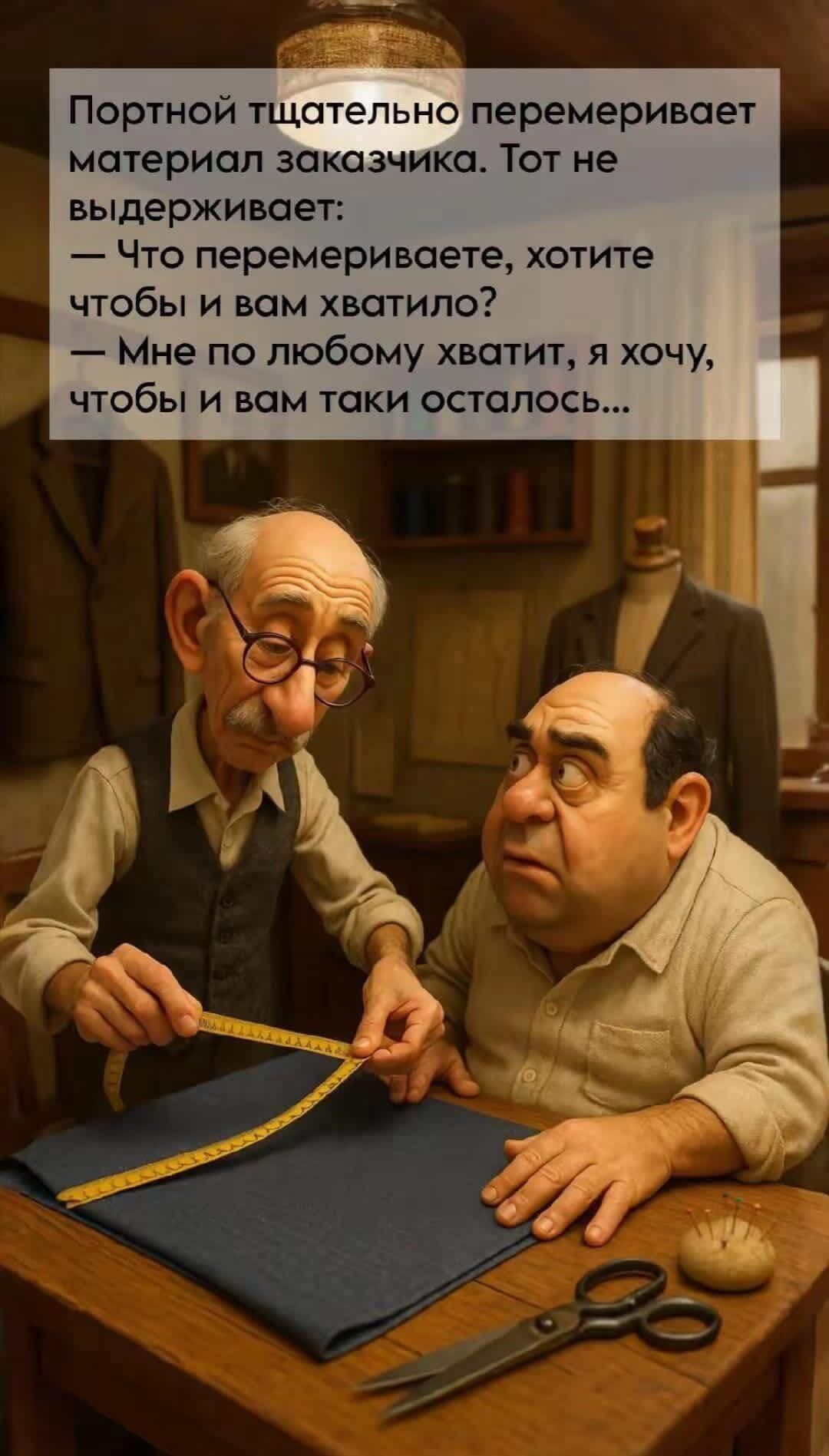 Портной тщательно перемеривает материал заказчика. Тот не выдерживает:
— Что перемериваете, хотите чтобы и вам хватило?
— Мне по любому хватит, я хочу, чтобы и вам таки осталось...