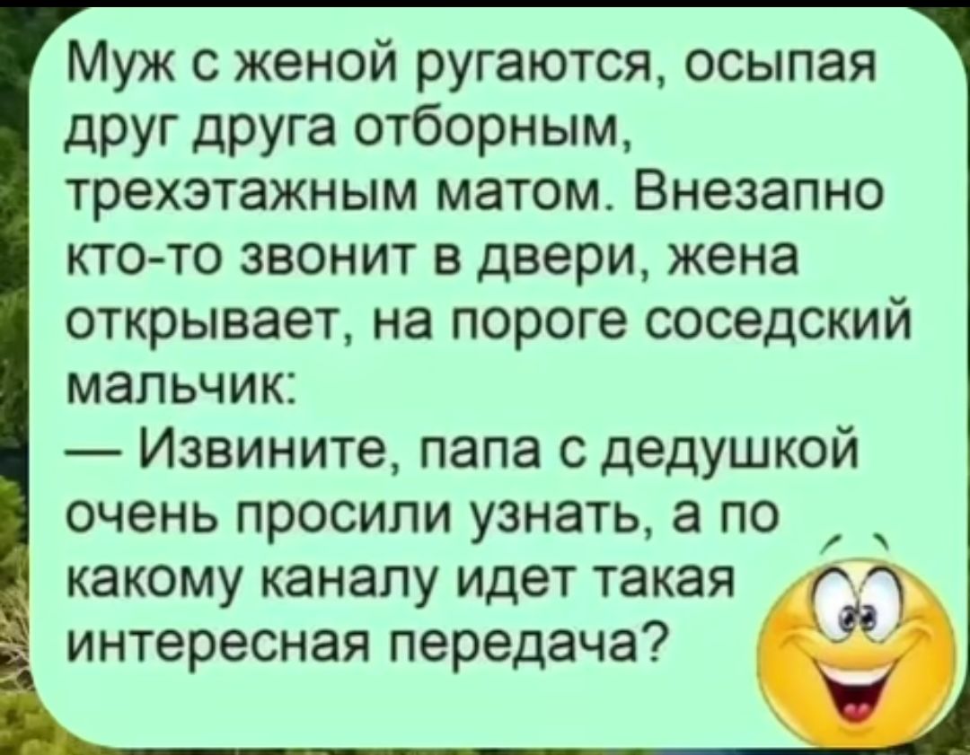 Муж с женой ругаются, осыпая друг друга отборным, трехэтажным матом. Внезапно кто-то звонит в дверь, жена открывает, на пороге соседский мальчик: — Извините, папа с дедушкой очень просили узнать, а по какому каналу идёт такая интересная передача?