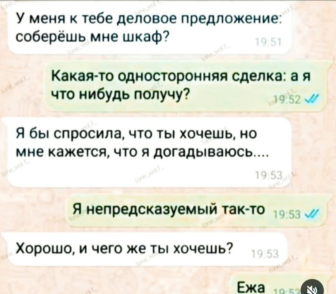 У меня к тебе деловое предложение: соберёшь мне шкаф?
Какая-то односторонняя сделка: а я что нибудь получу?
Я бы спросила, что ты хочешь, но мне кажется, что я догадываюсь....
Я непредсказуемый так-то
Хорошо, и чего же ты хочешь?
Ежа