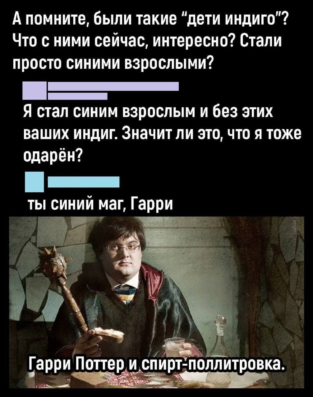 А помните, были такие “дети индиго”? Что с ними сейчас, интересно? Стали просто синими взрослыми? Я стал синим взрослым и без этих ваших индий. Значит ли это, что я тоже одарён? ты синий маг, Гарри
Гарри Поттер и спирт-поллитровка.