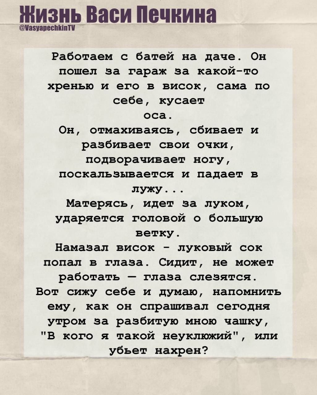 Жизнь Васи Печкина
@VasyaPechnikTV

Работаем с батей на даче. Он пошёл за гараж за какой-то хренью и его в висок, сама по себе, кусает оса.
Он, отмахиваясь, сбивает и разбивает свои очки, подворчивает ногу, поскальзывается и падает в лужу...
Матерясь, идёт за луком, ударяется головой о большую ветку.
Намазал висок - луковый сок попал в глаза. Сидит