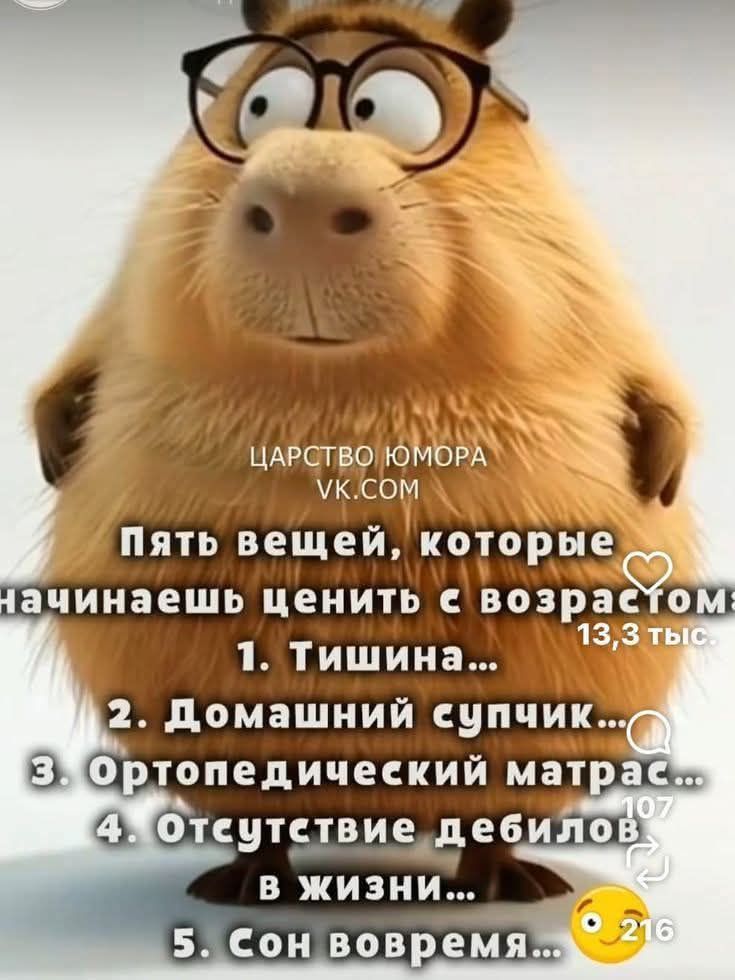 ЦАРСТВО ЮМОРА VK.COM
Пять вещей, которые начинаешь ценить с возрастом
1. Тишина...
2. Домашний супчик...
3. Ортоепедический матрас...
4. Отсутствие дебилов в жизни...
5. Сон вовремя...