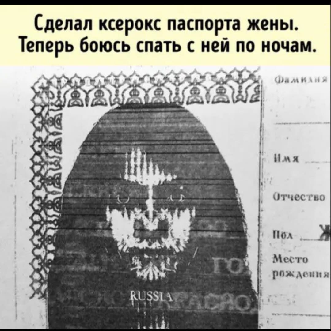 Сделал ксерокопию паспорта жены. Теперь боюсь спать с ней по ночам.

Фамилия
Имя
Отчество
Пол
Место рождения