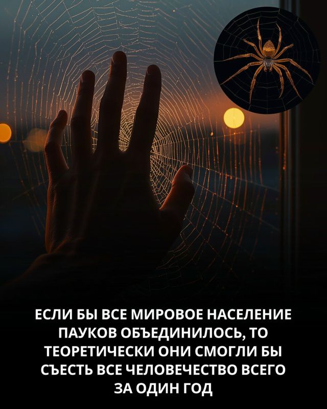 ЕСЛИ БЫ ВСЕ МИРОВОЕ НАСЕЛЕНИЕ ПАУКОВ ОБЪЕДИНИЛОСЬ, ТО ТЕОРЕТИЧЕСКИ ОНИ СМОГЛИ БЫ СЪЕСТЬ ВСЕ ЧЕЛОВЕЧЕСТВО ВСЕГО ЗА ОДИН ГОД