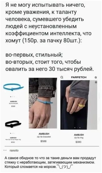 Я не могу испытывать ничего, кроме уважения к таланту человека, сумевшего убедить людей с неустановленным коэффициентом интеллекта, что хомут (150р. за пачку 80шт.): во-первых, стильный; во-вторых, стоит того, чтобы овалить за него 30 тысяч рублей. А самое обидное то что за такие деньги вам продают стяжку с неработающим, затягивающим механизмом. Ко