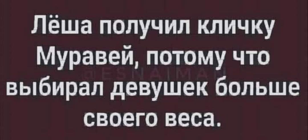 Лёша получил кличку Муравей, потому что выбирал девушек больше своего веса.