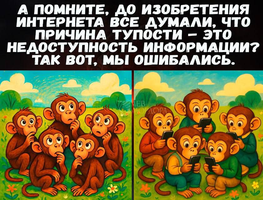 А ПОМНИТЕ, ДО ИЗОБРЕТЕНИЯ ИНТЕРНЕТА ВСЕ ДУМАЛИ, ЧТО ПРИЧИНА ТУПОСТИ – ЭТО НЕДОСТУПНОСТЬ ИНФОРМАЦИИ? ТАК ЧТО, МЫ ОШИБАЛИСЬ.