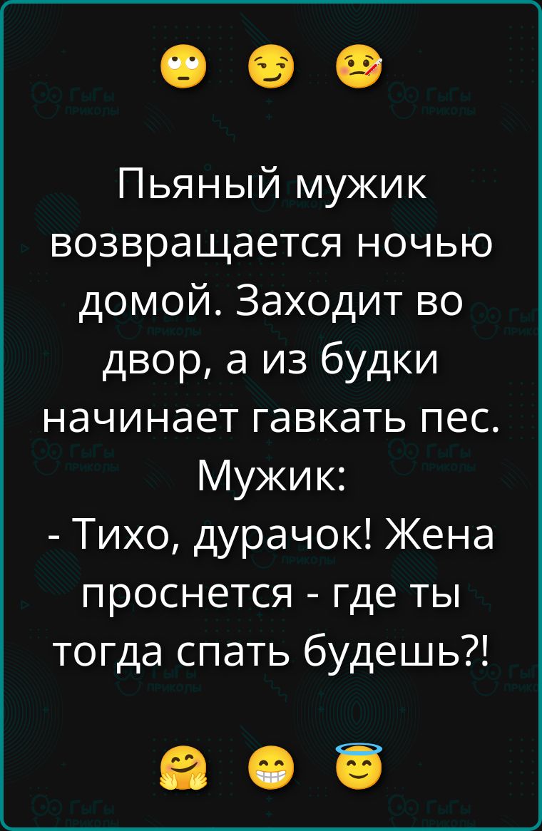 Пьяный мужик возвращается ночью домой. Заходит во двор, а из будки начинает гавкать пес. Мужик: - Тихо, дурачок! Жена проснется - где ты тогда спать будешь?!