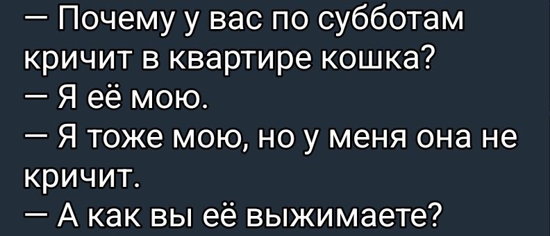 — Почему у вас по субботам кричит в квартире кошка?
— Я её мою.
— Я тоже мою, но у меня она не кричит.
— А как вы её выжимаете?