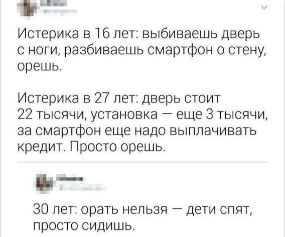 Истериkа в 16 лет: выбываешь дверь с ноги, разбиваешь смартфон о стену, орешь.
Истерика в 27 лет: дверь стоит 22 тысячи, установка — еще 3 тысячи, за смартфон еще надо выплачивать кредит. Просто орешь.
30 лет: орать нельзя — дети спят, просто сидишь.